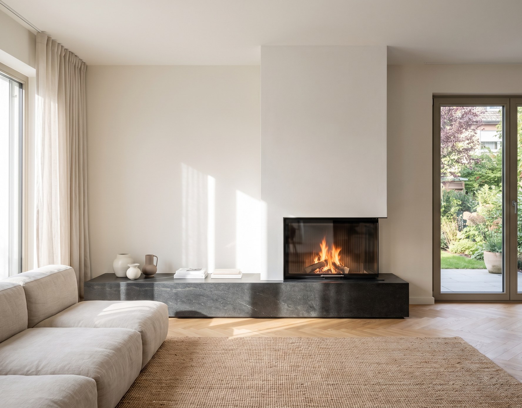 Moderner Heizkamin mit Feuer in hellem Wohnraum