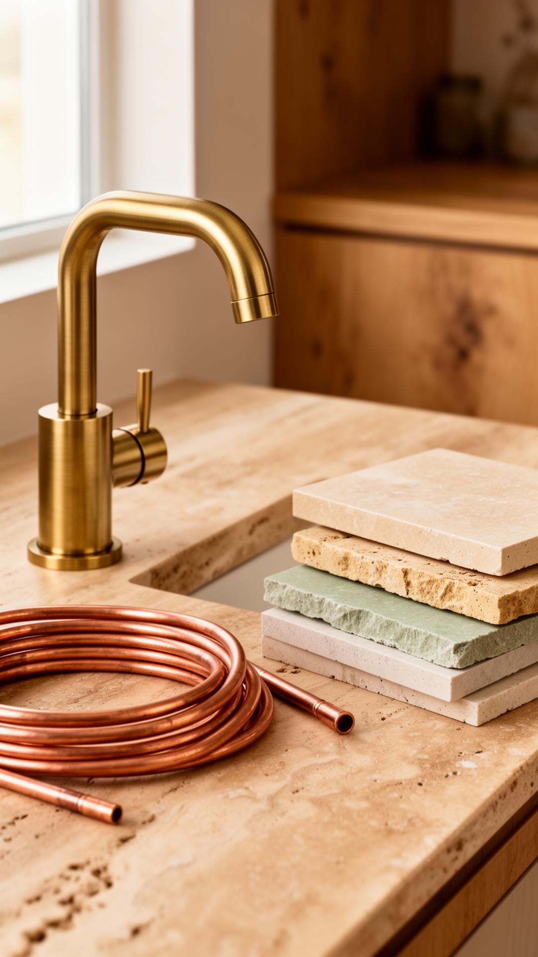 Messing-Armatur auf Travertin mit Kupferleitungen und Materialproben in warmem Tageslicht